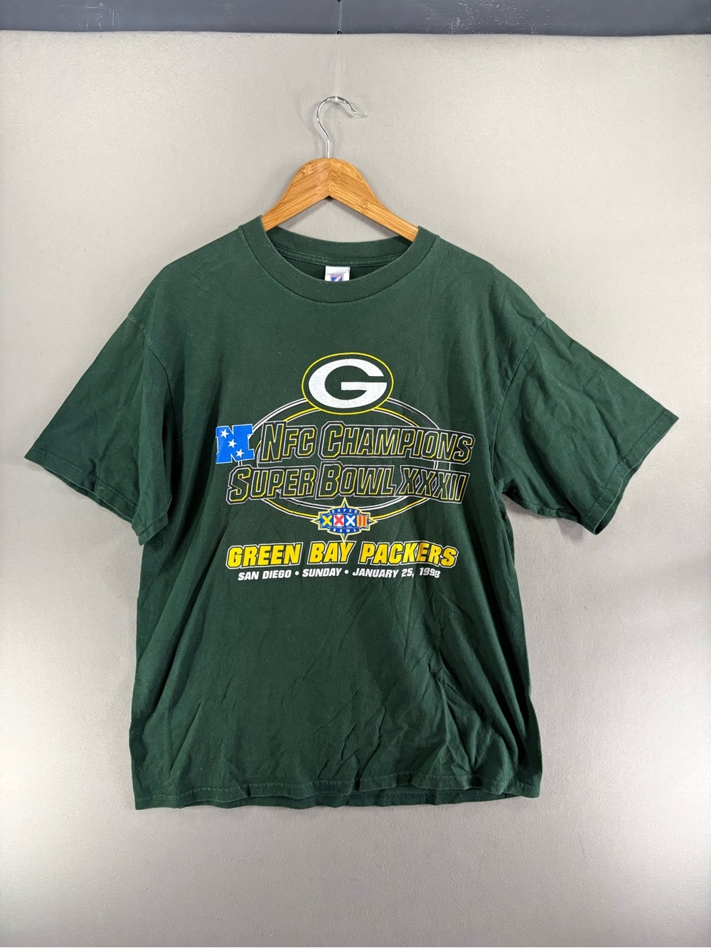 Vintage Green Bay Packers Super Bowl T Shirt XL XXXII 1998 90s Logo 7 Green